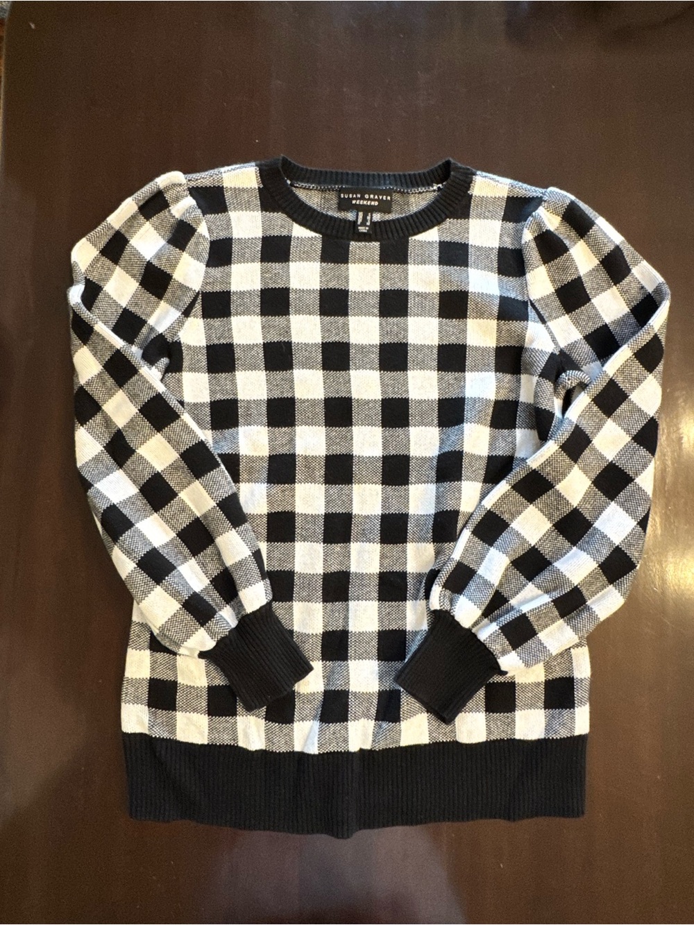 Susan Graver Black and White Check Crewneck Sweater